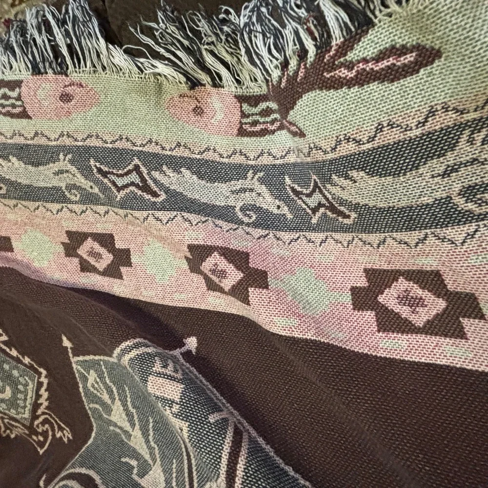 Vintage Woven Tapestry Throw Southwest Turtle Frog Cream Brown Green Blanket